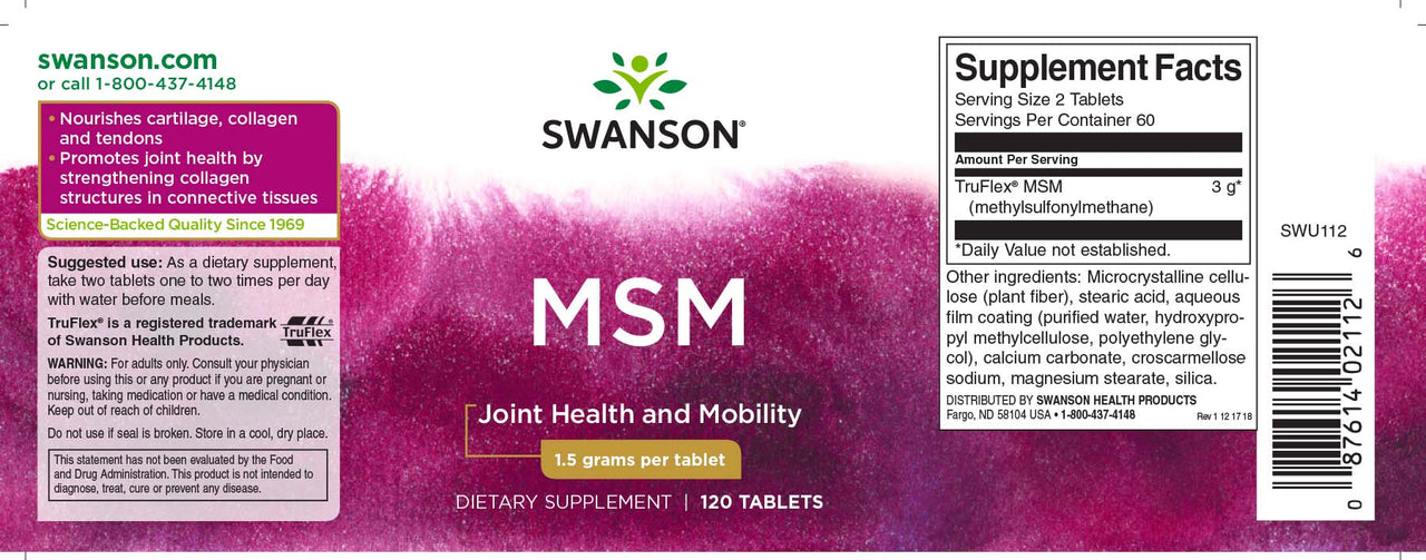 Um frasco de Swanson MSM - 1,500 mg 120 tabs com um rótulo roxo, conhecido pelos seus benefícios para a saúde das articulações e propriedades anti-inflamatórias.