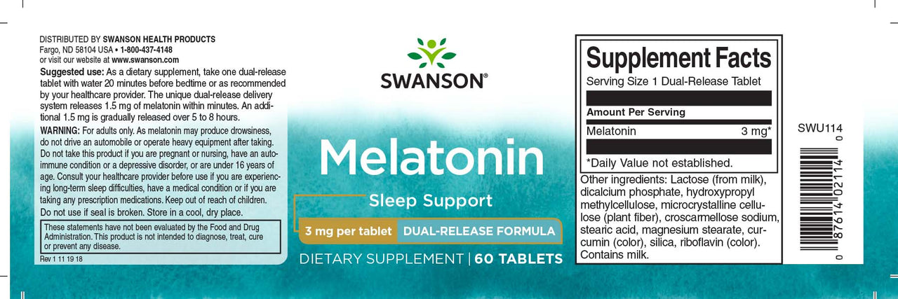 Um frasco de Swanson Melatonin - 3 mg 60 tabs Dual-Release para ajudares a dormir.