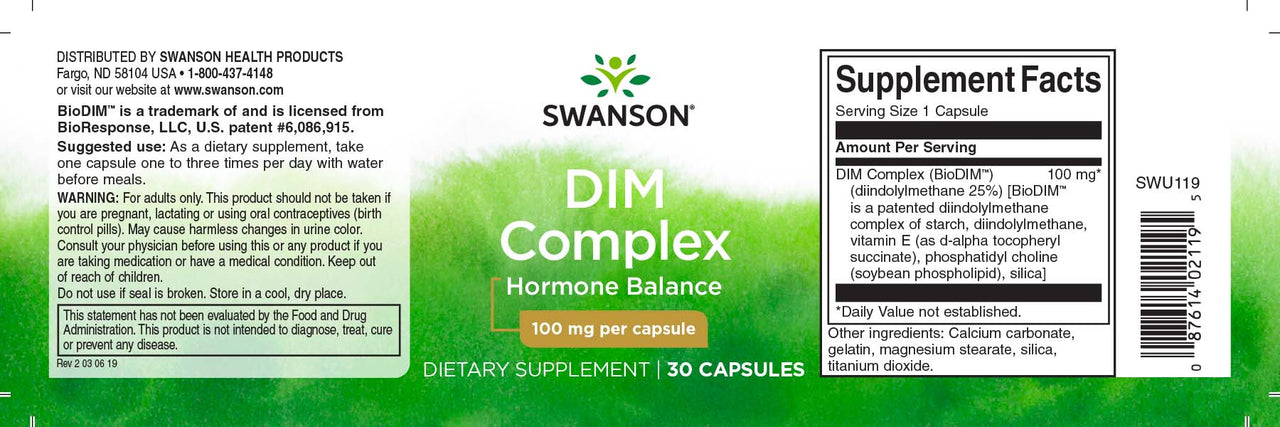O rótulo de Swanson's DIM Complex - 100 mg 30 cápsulas.