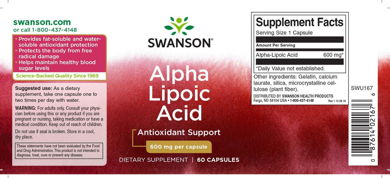 Swanson Suplemento de ácido alfa-lipóico - 600 mg 60 cápsulas.