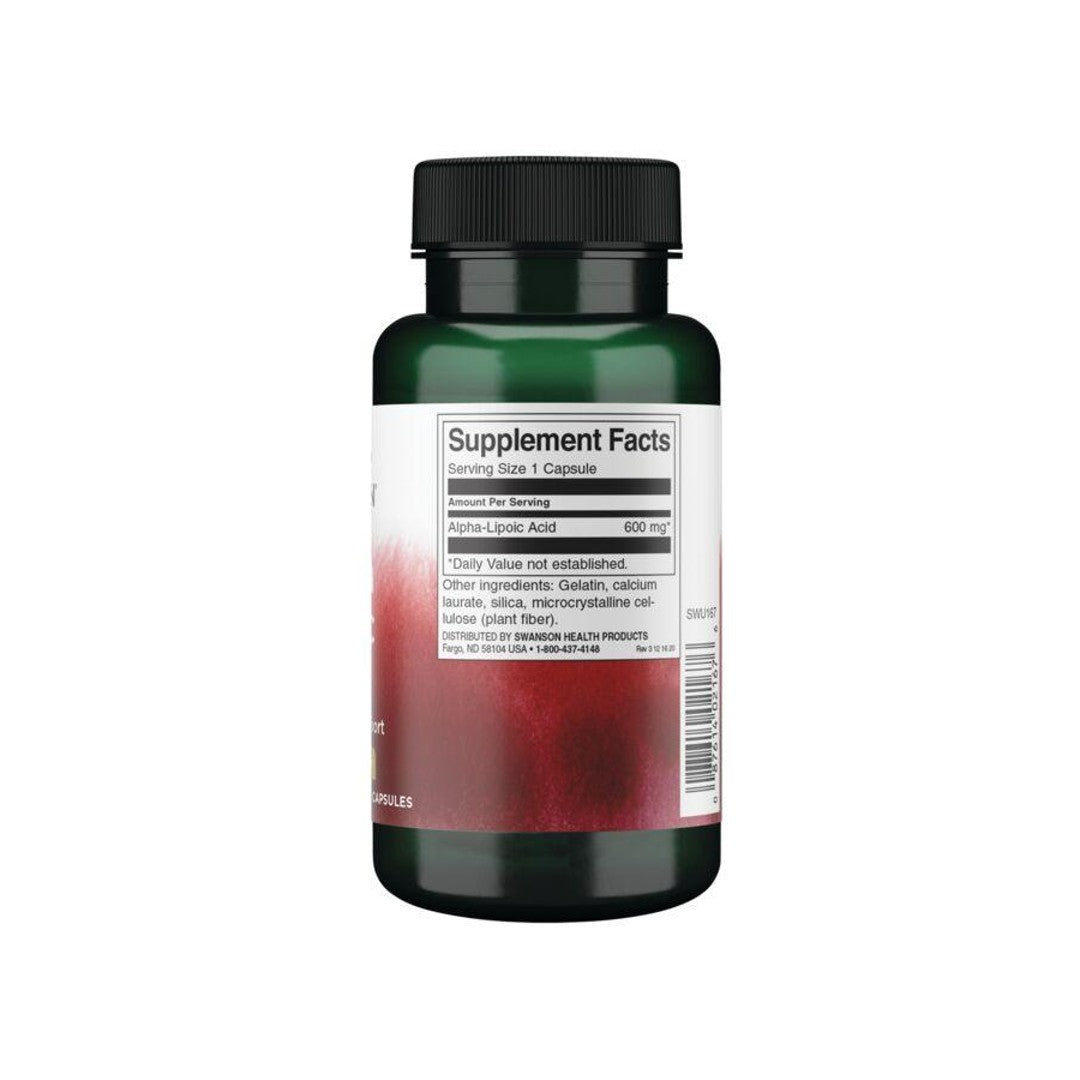 Um frasco de Swanson Alpha Lipoic Acid - 600 mg 60 capsules com um rótulo vermelho.