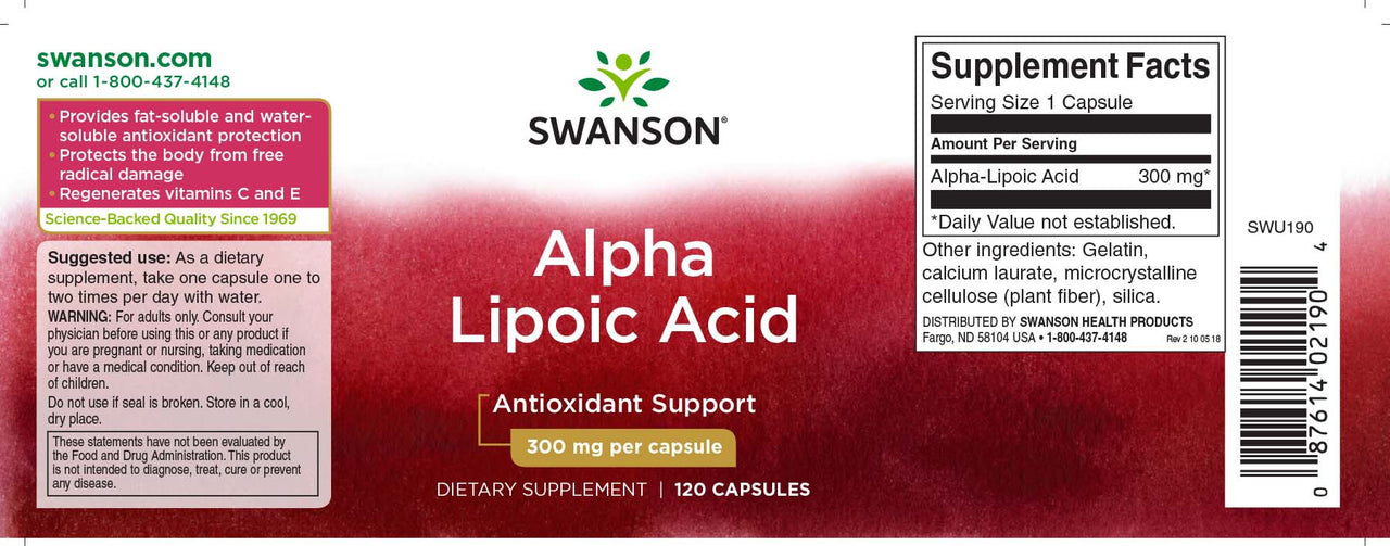 Um frasco de Swanson Alpha Lipoic Acid - 300 mg 120 cápsulas.