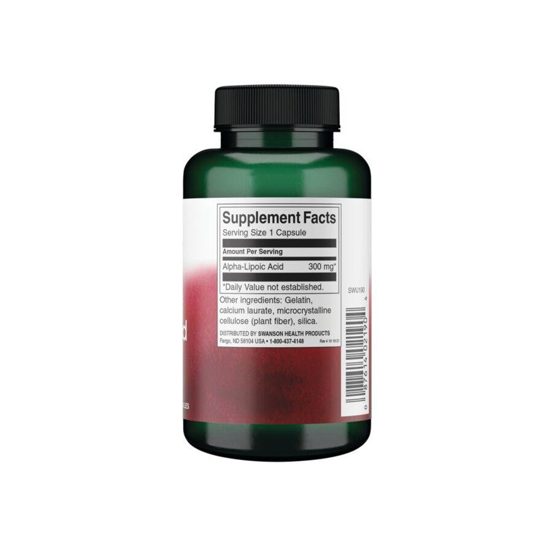 Um frasco de Swanson Alpha Lipoic Acid - 300 mg 120 capsules sobre um fundo branco.