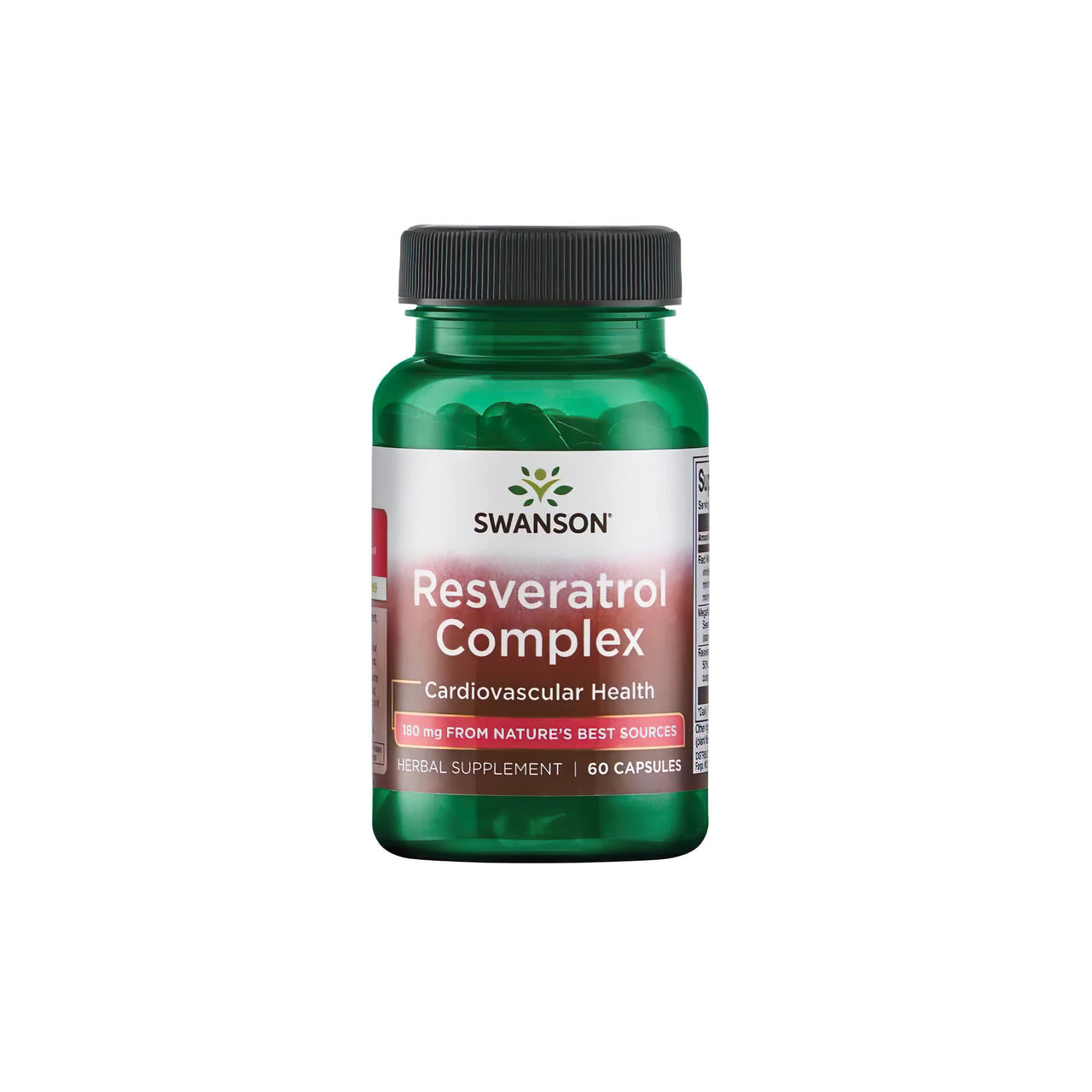 A bottle of Swanson's Resveratrol Complex dietary supplement, containing 180 mg of antioxidants per serving for cardiovascular health, with 60 capsules.