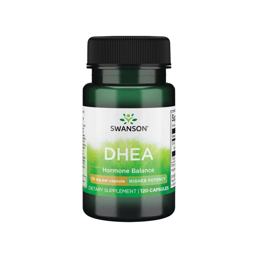 Um frasco de Swanson DHEA - 50 mg 120 cápsulas.