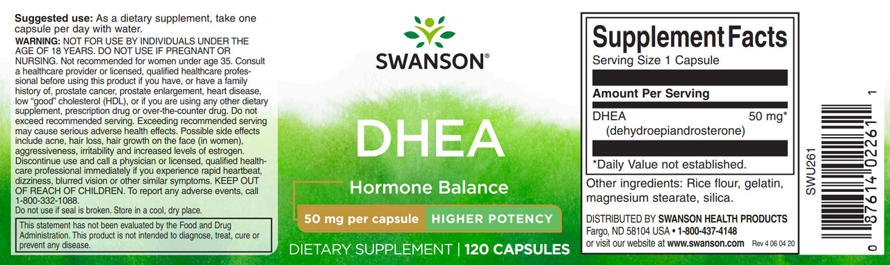 Um rótulo para Swanson DHEA - 50 mg 120 cápsulas suplementos.