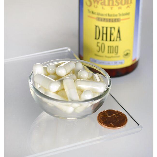 Uma taça de Swanson DHEA - 50 mg 120 capsules ao lado de um frasco de Swanson DHEA - 50 mg 120 capsules.