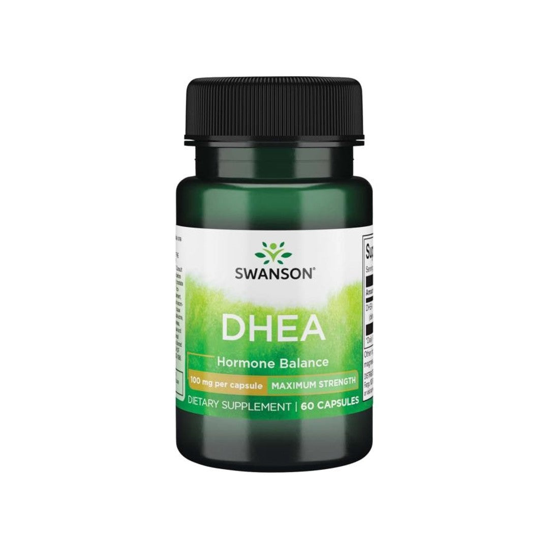 Um frasco de Swanson DHEA - 100 mg 60 cápsulas.