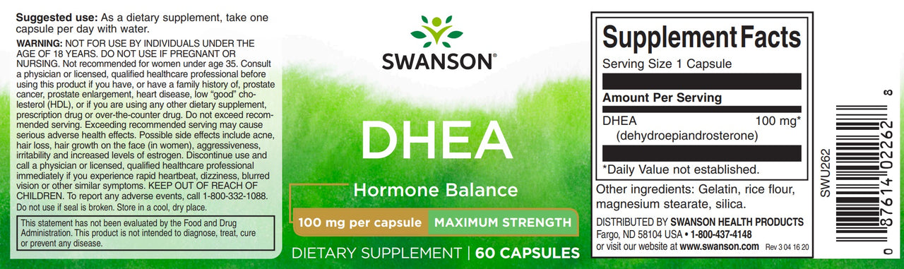 Um rótulo para Swanson DHEA - 100 mg 60 cápsulas.