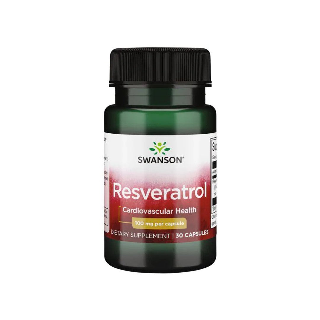 Um frasco de Swanson Resveratrol - 100 mg 30 cápsulas, que oferece proteção antioxidante para a longevidade celular e o bem-estar cardiovascular.