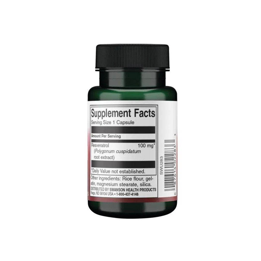 Um frasco de Resveratrol - 100 mg 30 capsules by Swanson sobre um fundo branco, proporcionando proteção antioxidante para a longevidade celular e o bem-estar cardiovascular.