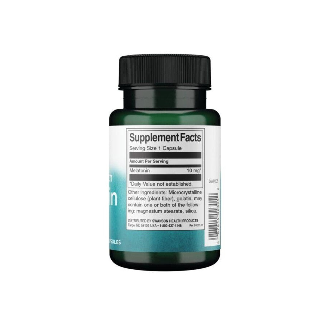 Um frasco de Swanson Melatonin - 10 mg 60 capsules sobre um fundo branco.