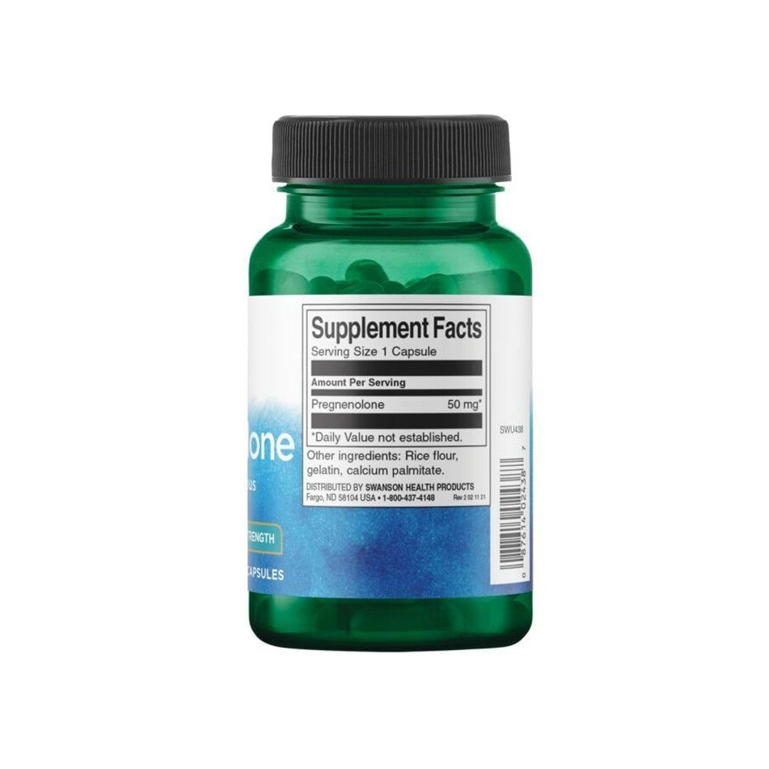 Um frasco de Swanson Pregnenolone - 50 mg 60 capsules, uma pró-hormona e um precursor hormonal, sobre um fundo branco.
