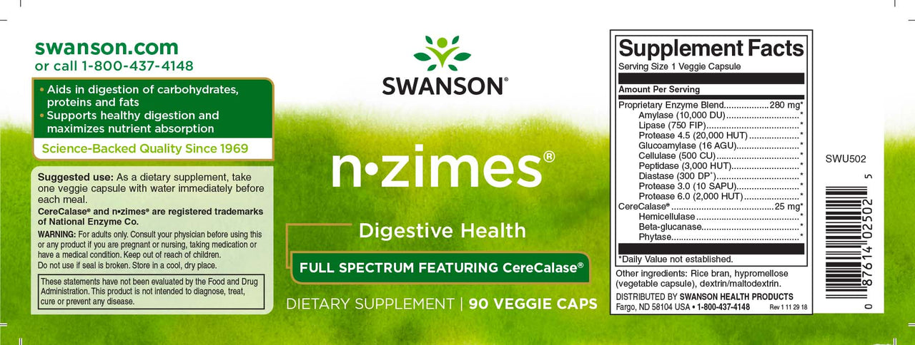 Swanson N-Zimes - 90 cápsulas vegetais rótulo do suplemento digestivo.