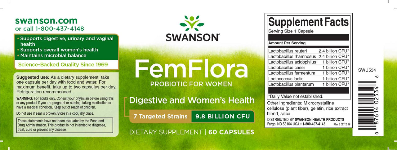 Swanson FemFlora Probiotic for Women - 60 cápsulas rótulo.