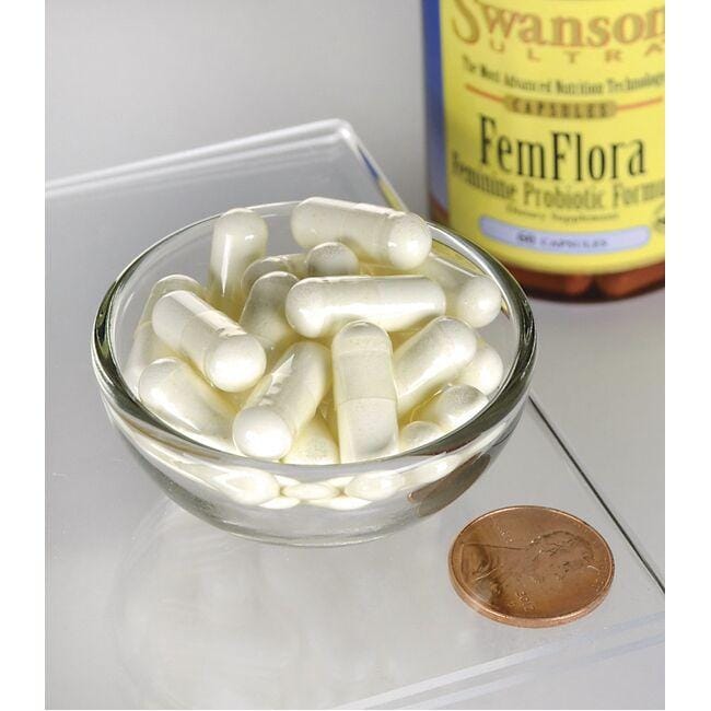 Um frasco de FemFlora Probiotic for Women - 60 cápsulas de Swanson e um cêntimo numa taça.