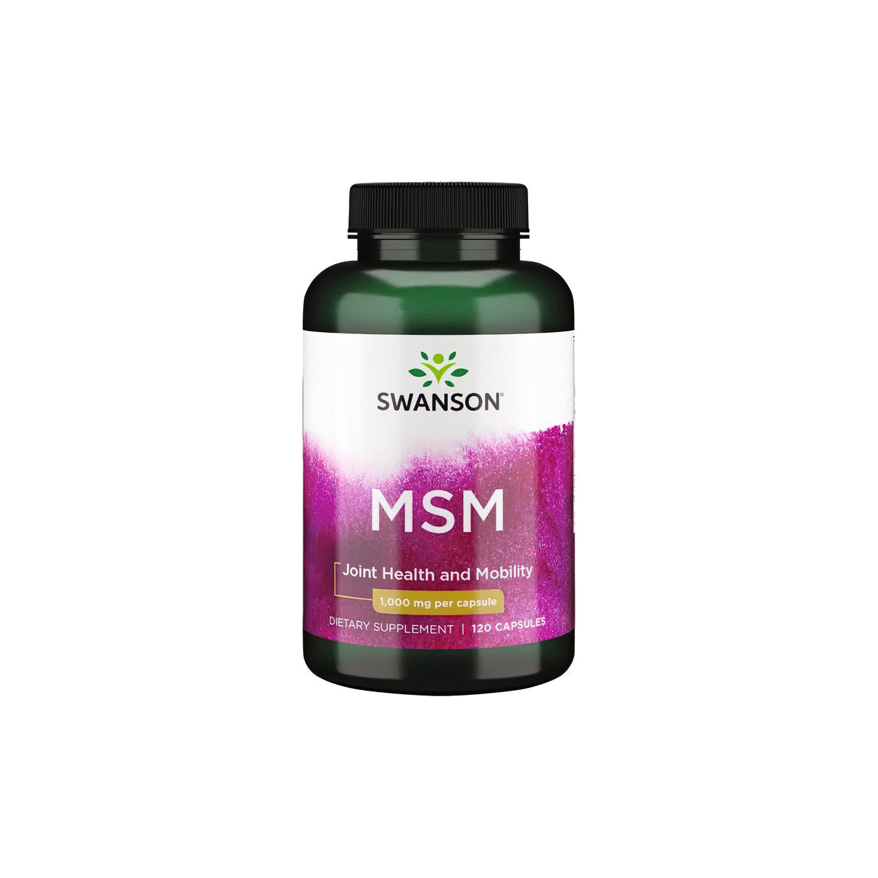Um frasco de Swanson MSM 1000 mg 120 cápsulas, especificamente formulado para a saúde das articulações e dos tecidos conjuntivos, apresentado num fundo branco limpo.
