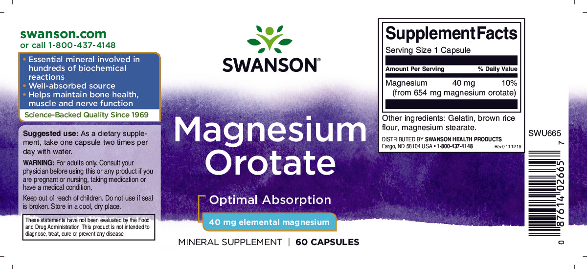Swanson Orotato de magnésio - 40 mg 60 cápsulas.