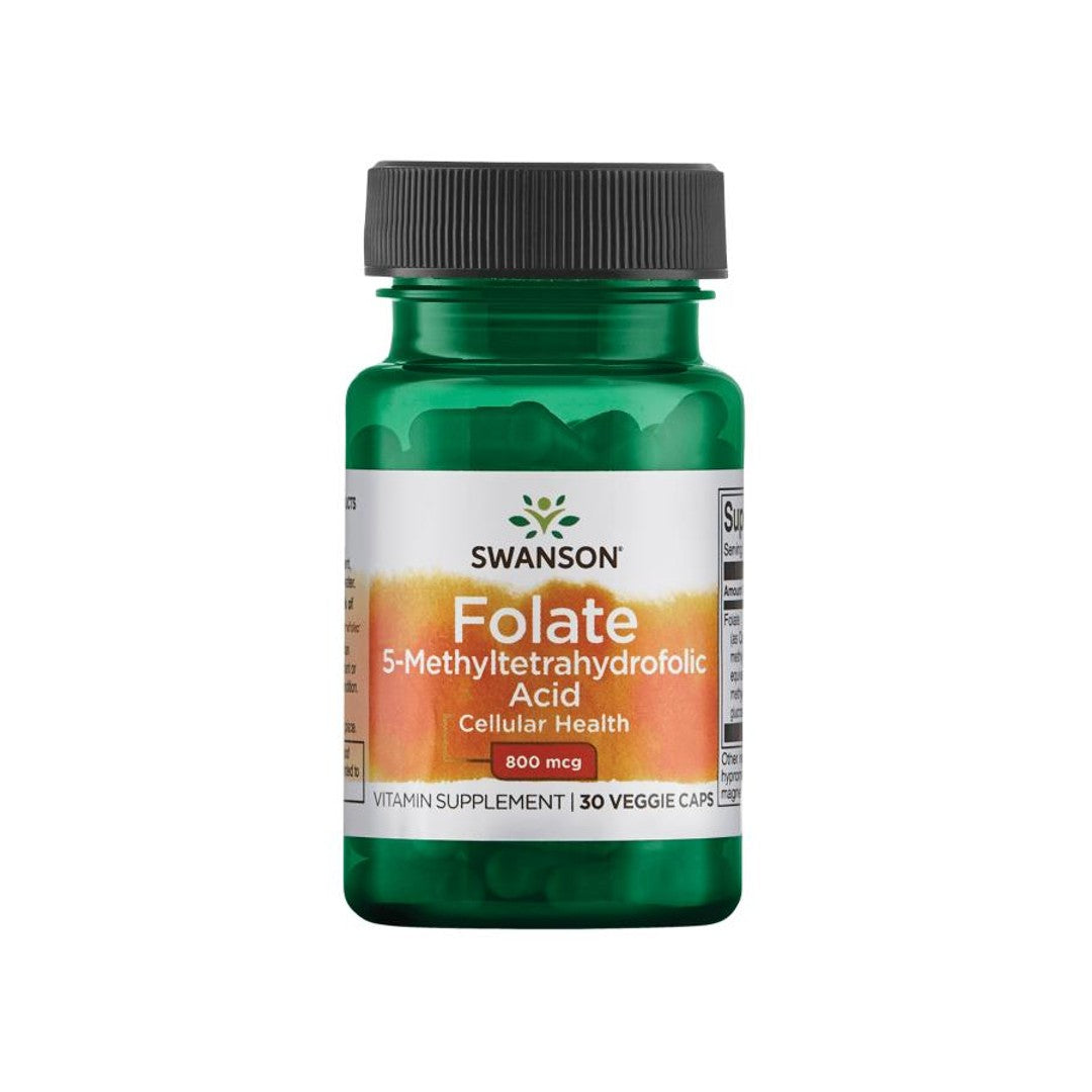 Um frasco de Swanson's Folate 5-MTHF - 800 mcg 30 capsules supplement.