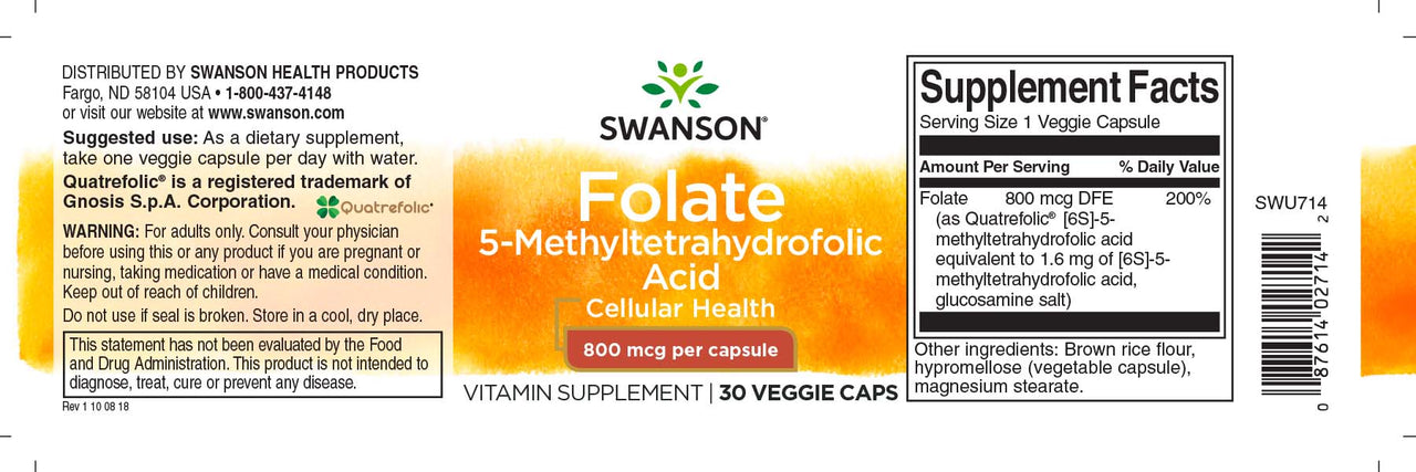 Swanson Folato 5-MTHF - 800 mcg 30 cápsulas - ácido hialurónico.