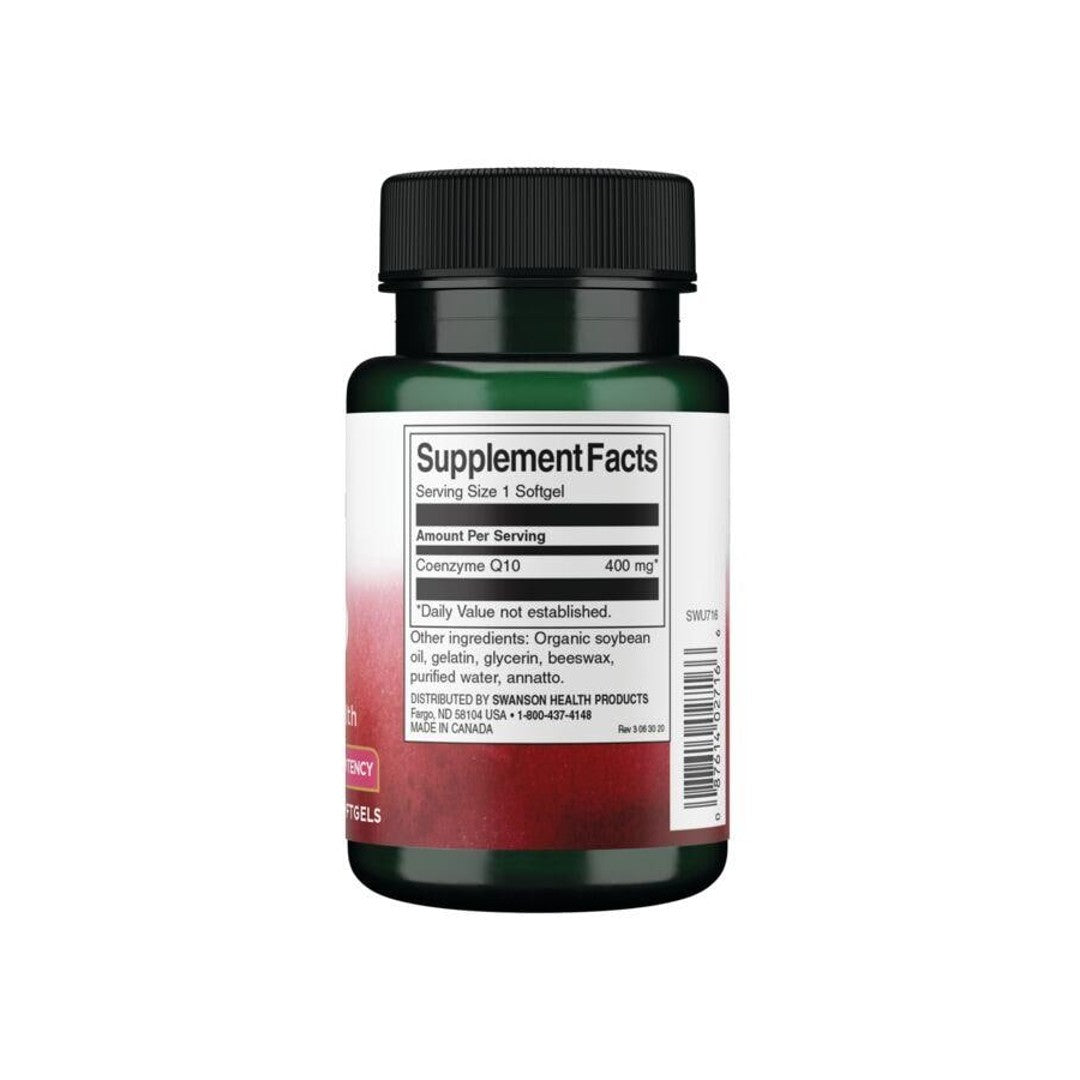 Um frasco de Swanson Coenzyme Q10 - 400 mg 30 softgels supplement sobre um fundo branco.