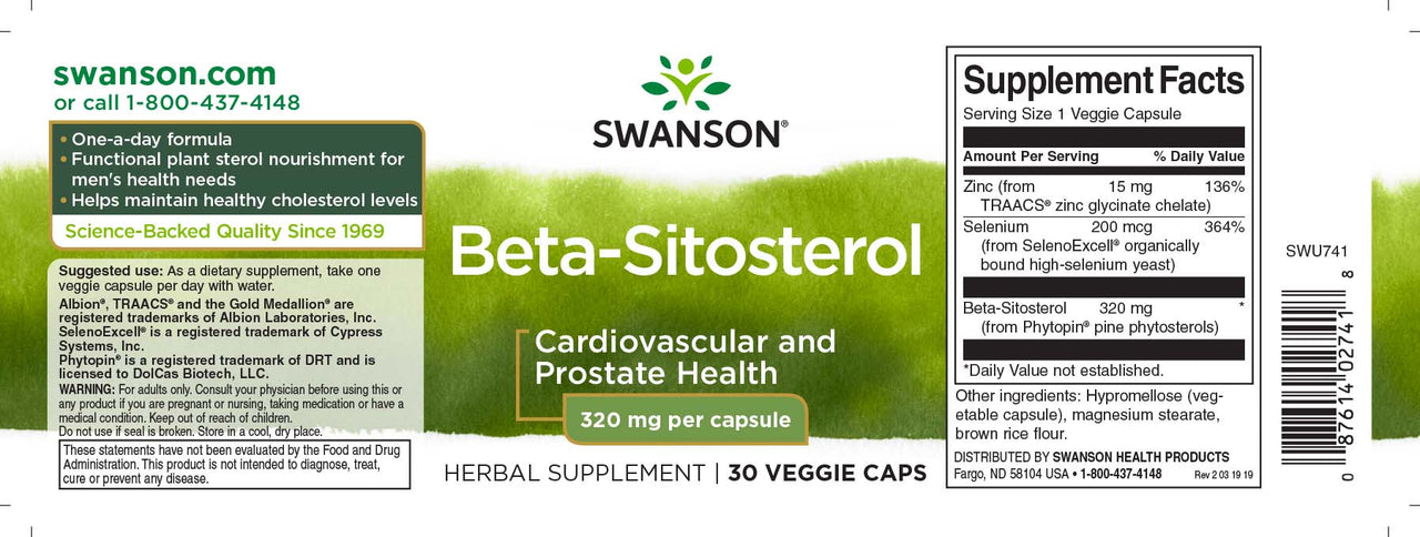 Swanson Beta-Sitosterol - 320 mg 30 cápsulas vegetais rótulo do suplemento alimentar.