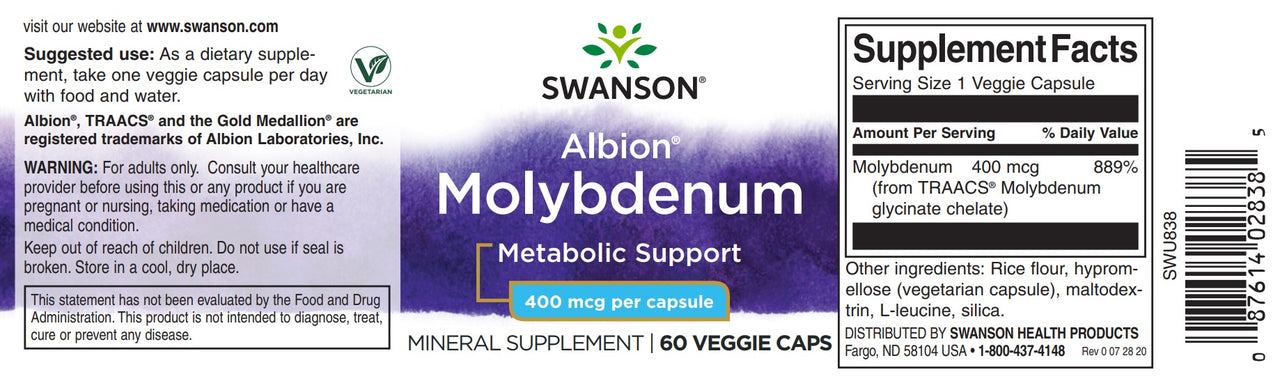 SwansonMolibdénio Quelatado - 400 mcg 60 cápsulas do rótulo do suplemento, favorecendo o metabolismo e a absorção.