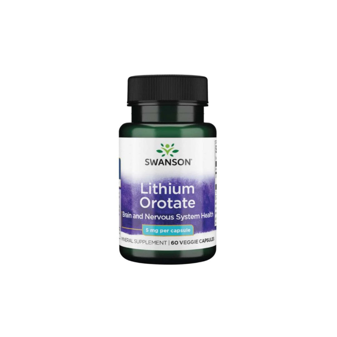 Um frasco de Swanson Lithium Orotate - 5 mg 60 cápsulas vegetais.