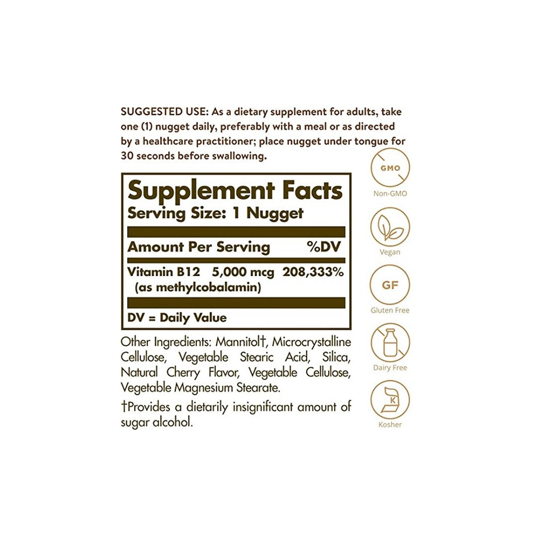 The supplement label displays information about the back of a Solgar Vitamin B-12 5000mcg Methylcobalamin 30 nuggets, which is specifically designed to support brain health.