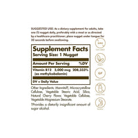 Thumbnail for The supplement label displays information about the back of a Solgar Vitamin B-12 5000mcg Methylcobalamin 30 nuggets, which is specifically designed to support brain health.