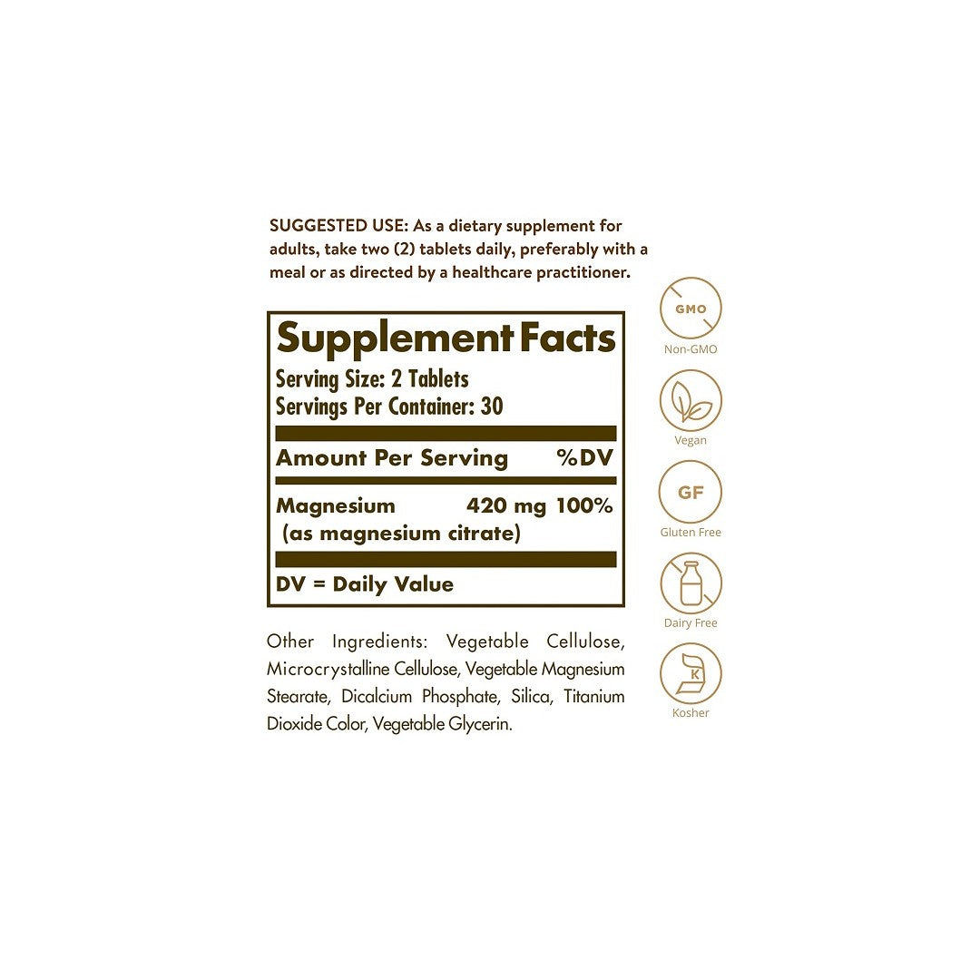 Um rótulo com os ingredientes do suplemento Citrato de Magnésio 420 mg 120 tabs da Solgar.