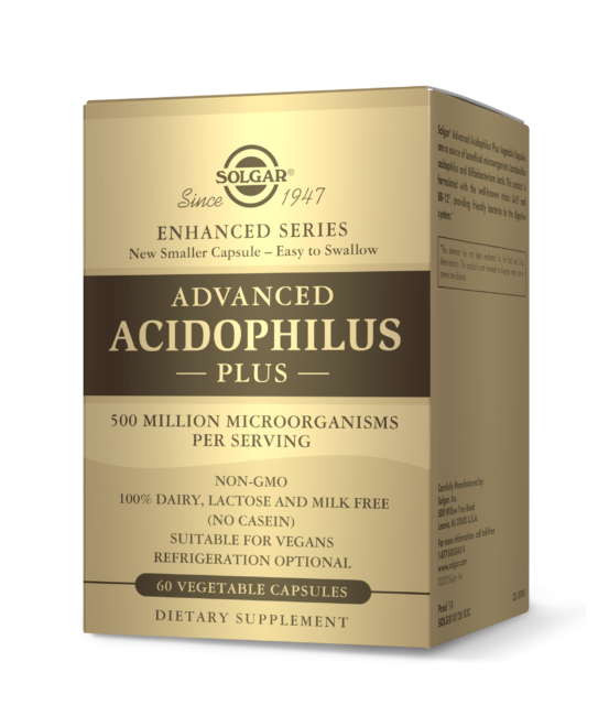 Uma caixa de Solgar's Advanced Acidophilus Plus 60 cápsulas vegetais.