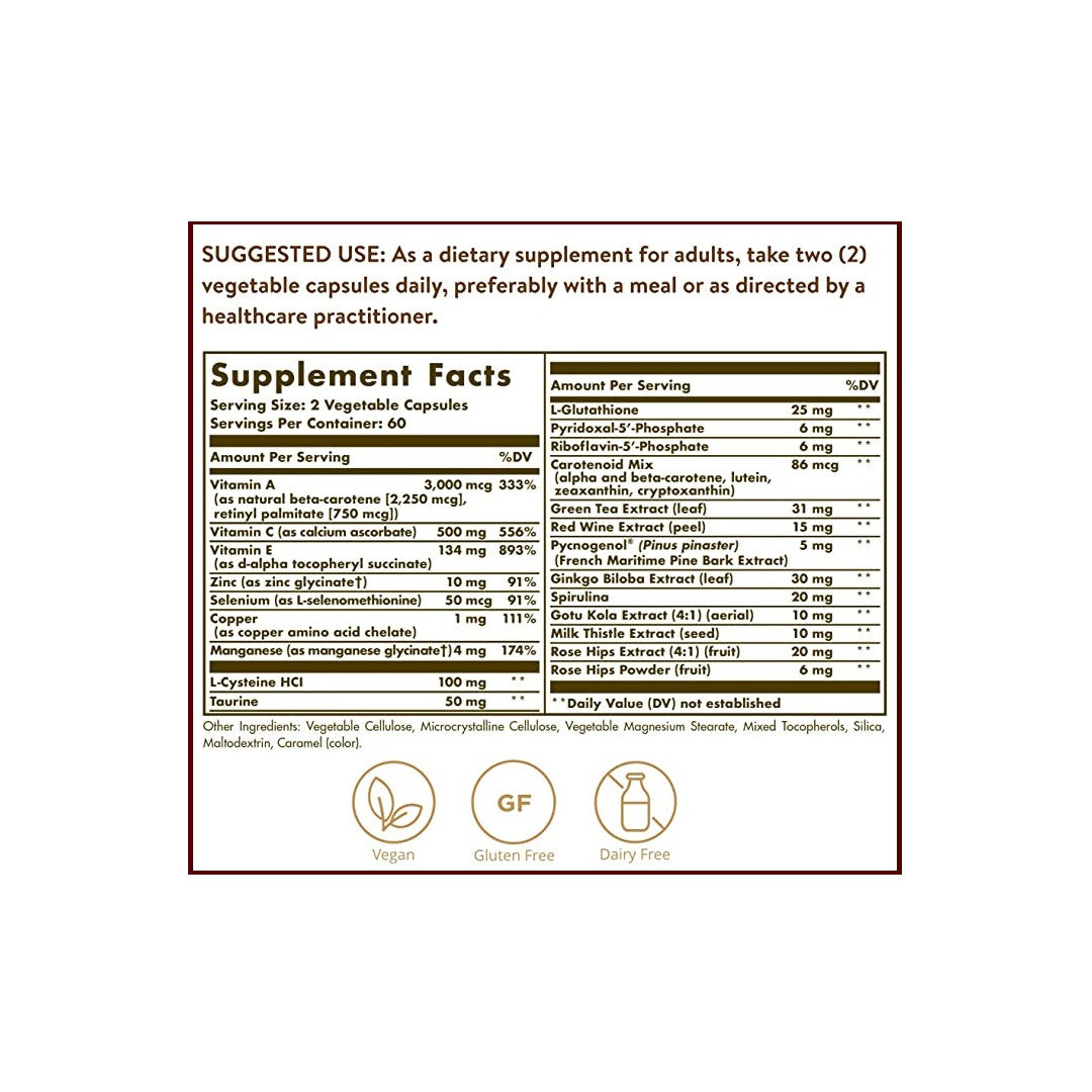 Rótulo com os ingredientes do suplemento Solgar's Advanced Antioxidant Formula 120 Vegetable Capsules.