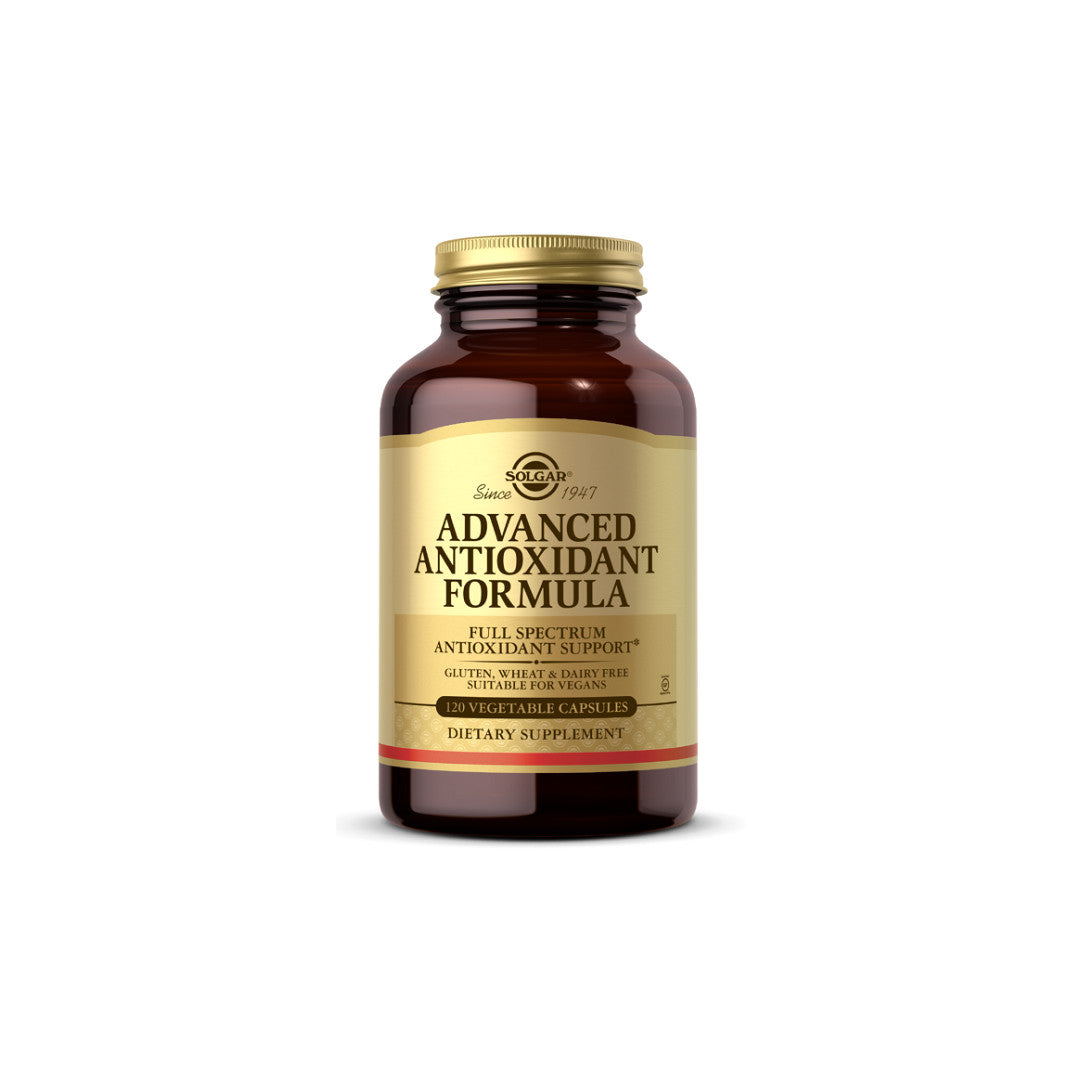 Um frasco de Solgar's Advanced Antioxidant Formula 120 Vegetable Capsules.