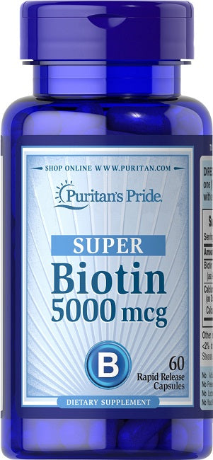 Puritan's Pride Biotin 5000 mcg 60 Capsules é um suplemento alimentar.