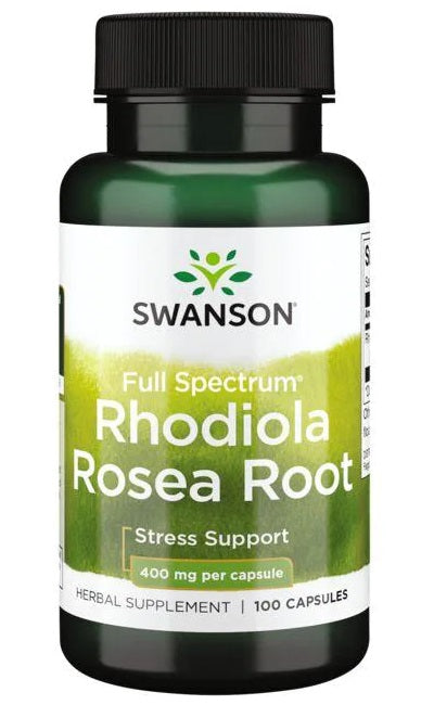 Swanson Raiz de Rhodiola Rosea 400 mg 100 Cápsulas, uma erva adaptogénica conhecida por reduzir o stress.