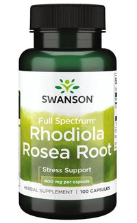 Miniatura de Swanson Rhodiola Rosea Root 400 mg 100 Capsules, uma erva adaptogénica conhecida por reduzir o stress.