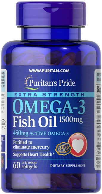 Puritan's Pride Extra Strength Omega-3 Fish Oil 1500 mg (450 mg de Omega-3 ativo) 60 cápsulas moles de libertação rápida.