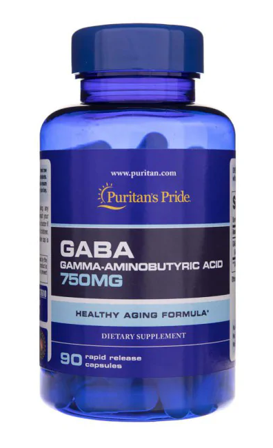 Um frasco de Puritan's Pride GABA 750 mg 90 caps suplemento com 750mg de ácido gama-linolénico.