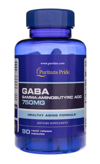 Miniatura de Um frasco de Puritan's Pride GABA 750 mg 90 caps suplemento com 750mg de ácido gama-linolénico.