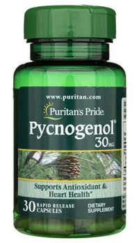 Miniatura de Puritan's Pride Pycnogenol 30 mg 30 Rapid Release Capsules, derivado do extrato de pinheiro marítimo francês.