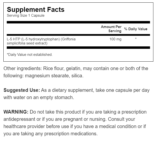 Rótulo do suplemento 5-HTP Extra Strength - 100 mg 60 cápsulas de Swanson com uma lista dos ingredientes.