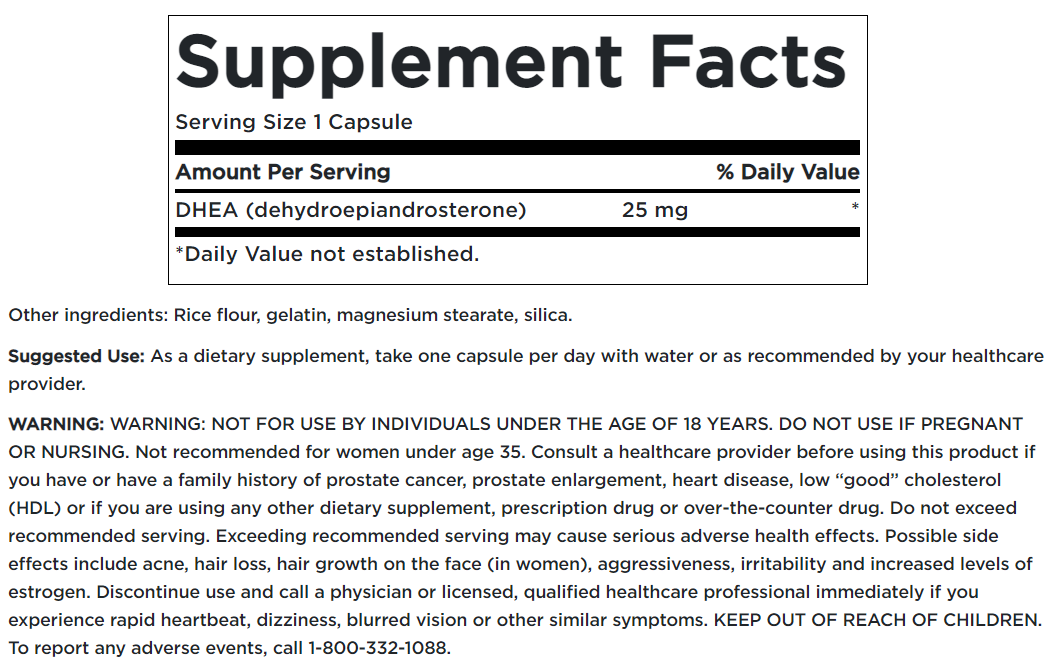 Um rótulo do suplemento Swanson com informações sobre o DHEA - High Potency - 25 mg 120 capsules.