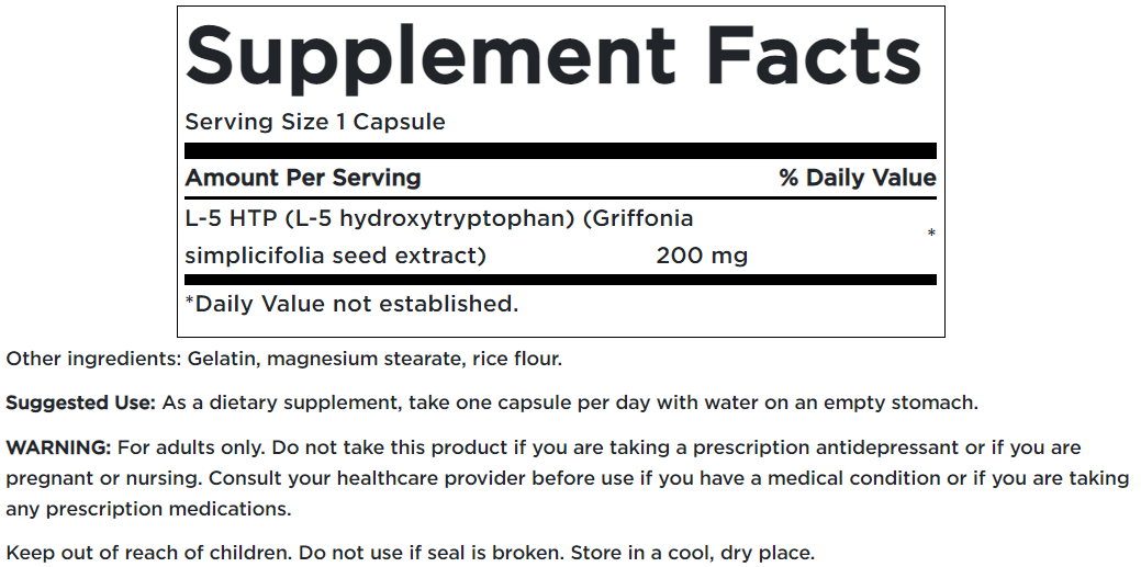 Rótulo do suplemento 5-HTP Maximum Strength 200 mg 60 Capsules de Swanson.
