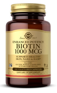 Miniatura de Solgar's Biotin 1000 mcg 100 vcaps oferece uma potência melhorada como suplemento dietético.