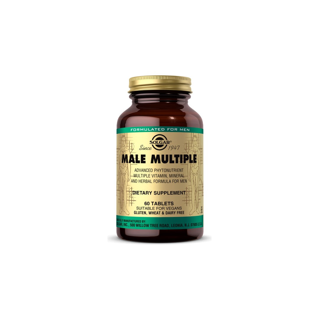 Um frasco de Solgar Male Multiple Multivitamins & Minerals for Men 60 Tablets.