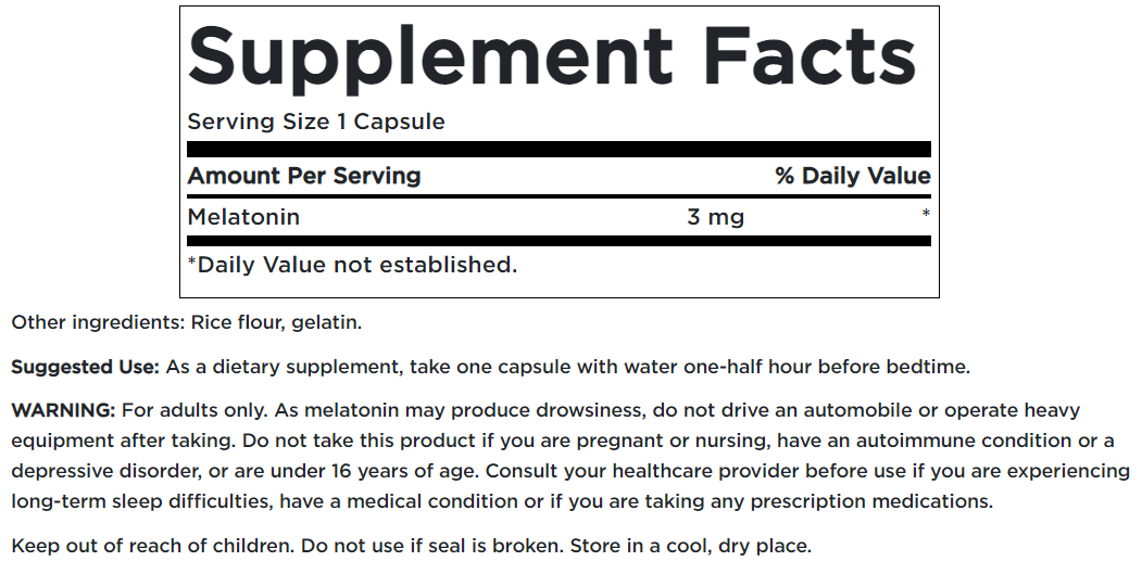 Um rótulo para Swanson Melatonin - 3 mg 120 capsules supplement.