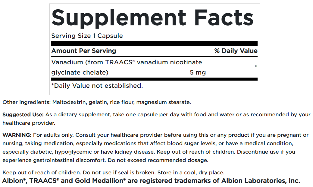 Um rótulo para Swanson Albion Vanadium Chelated - 5 mg 60 capsules supplement.